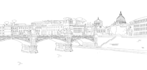Schizzo di un ponte ed edifici, forse a Roma, in stile line art