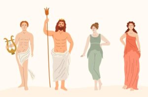 Illustration of four Greek gods, two male and two female, in traditional attire