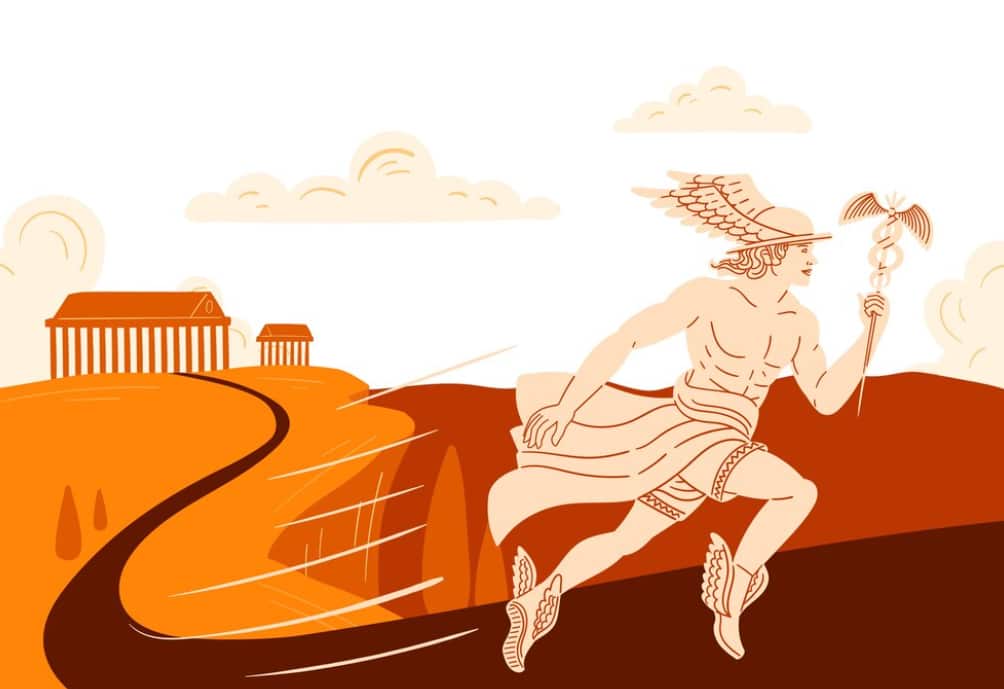 Graphic of Hermes with wings on his feet and helmet, running in an orange landscape