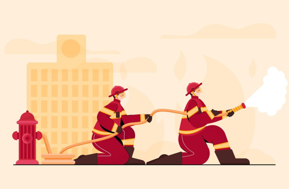 due personaggi vigili del fuoco che spengono un incendio