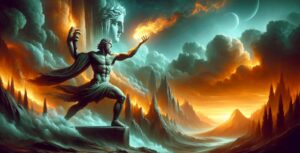 Prometheus giving fire to humanity, set against a rocky landscape with Mount Olympus