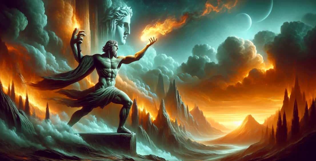 Prometheus giving fire to humanity, set against a rocky landscape with Mount Olympus