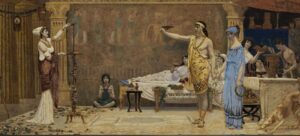 An ancient scene with people in traditional attire, some standing and gesturing