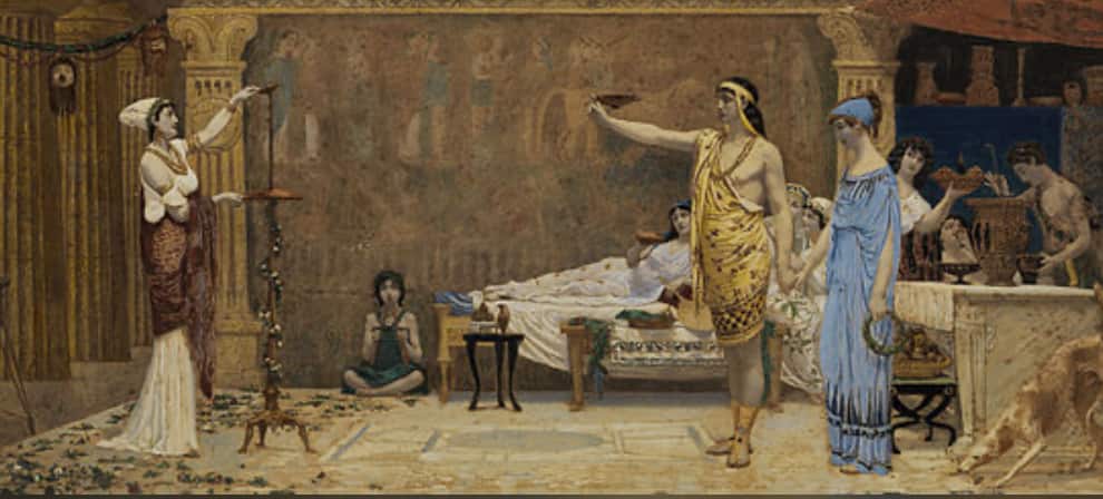 An ancient scene with people in traditional attire, some standing and gesturing