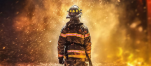 Un vigile del fuoco sta di fronte al fuoco