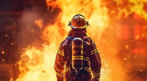 Il pompiere si trova davanti all'edificio in fiamme