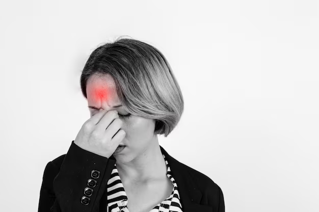La ragazza si tiene la testa, un punto rosso sulla fronte indica il dolore